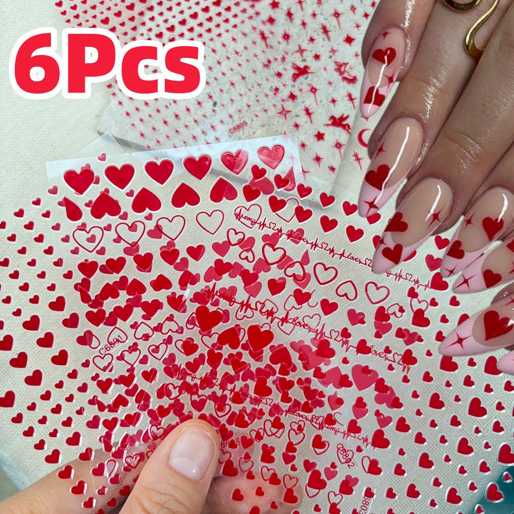 Nail Art Valentines Day - 6Pcs/Set Red Love-Heart Valentines Day Nail