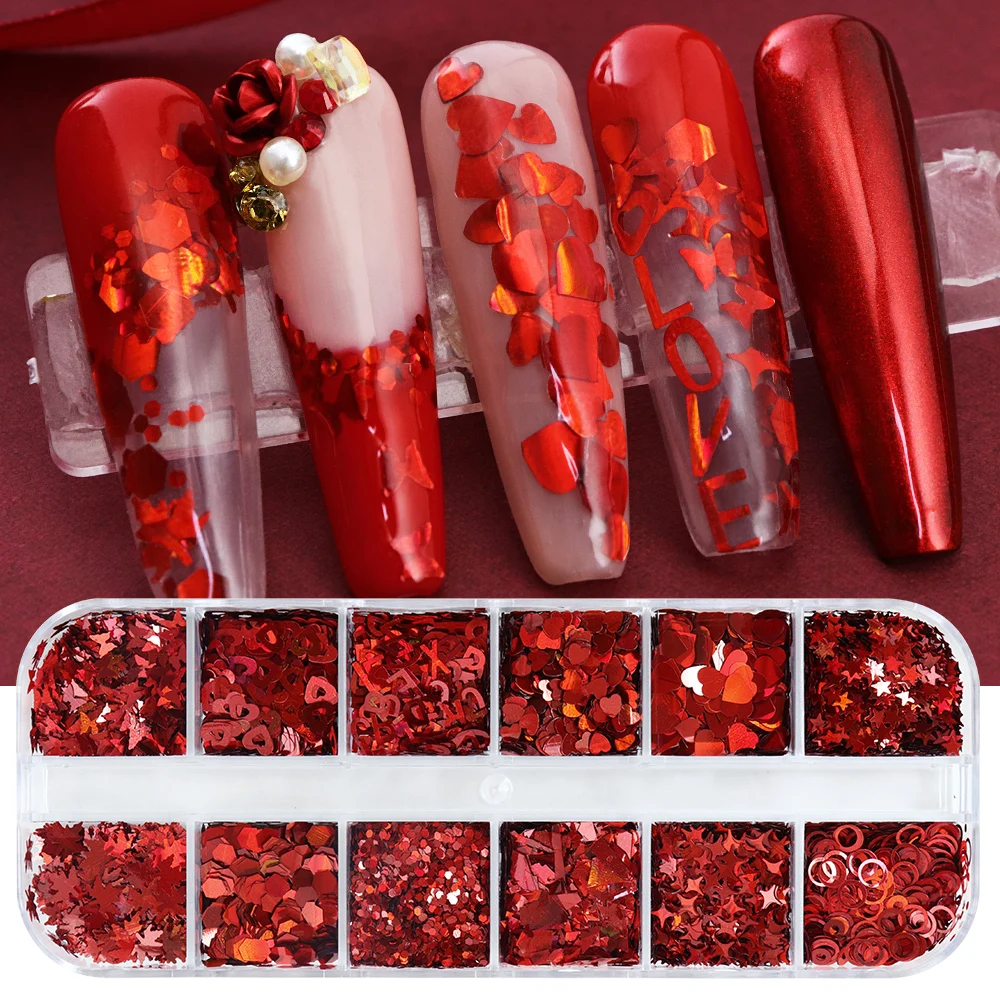 Nail Art Valentines Day - Holographic Red Nail Art Glitter Flakes
