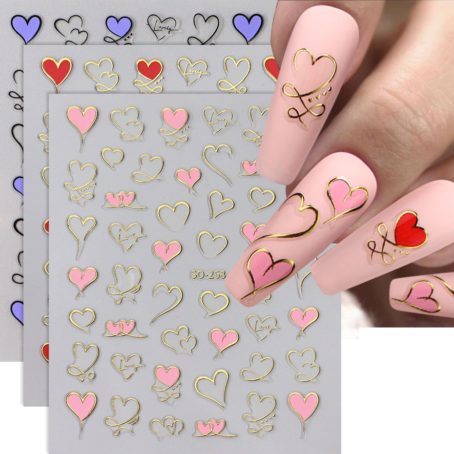 Nail Art Valentines Day - 3pcs Y2K Gold Wave Line Heart