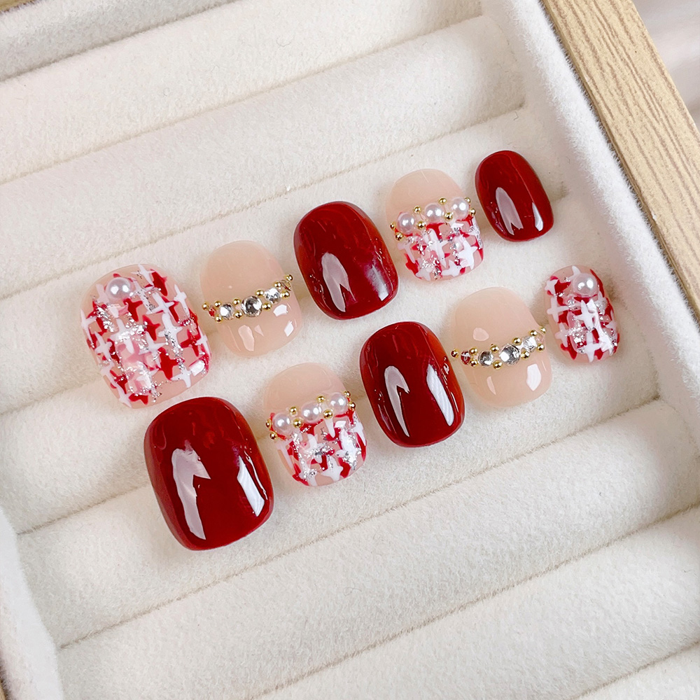 Nail Art Red Wine - 10pcs Short Square Round Handmade Press