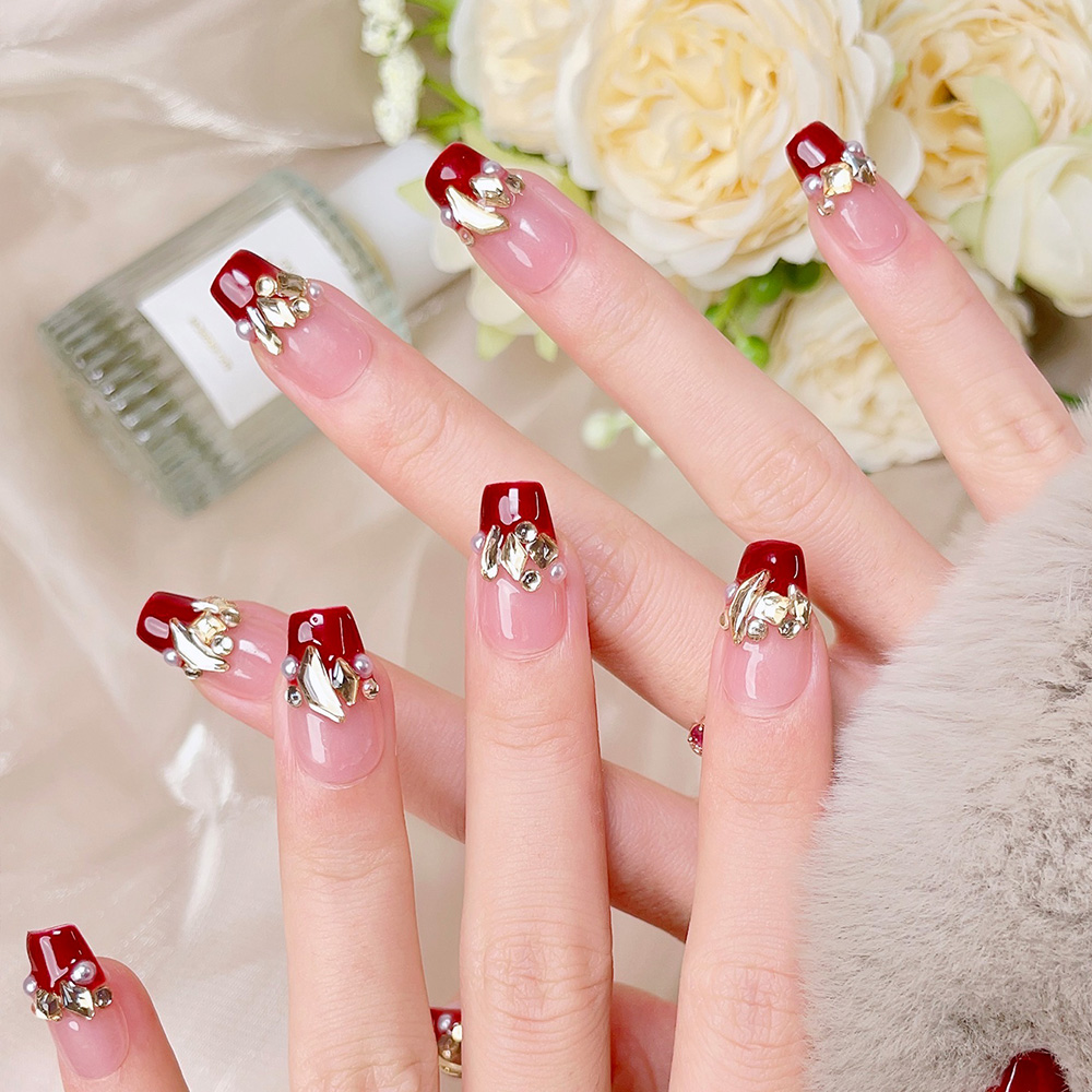 10pcs Short Trapezoid Handmade - огляд і ціна Nail Art Red Wine