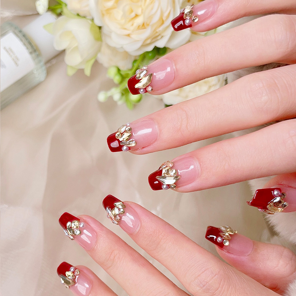 10pcs Short Trapezoid Handmade - огляд і ціна Nail Art Red Wine