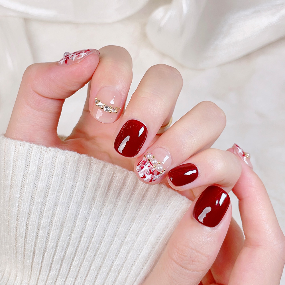 10pcs Short Square Round Handm - огляд і ціна Nail Art Red Wine