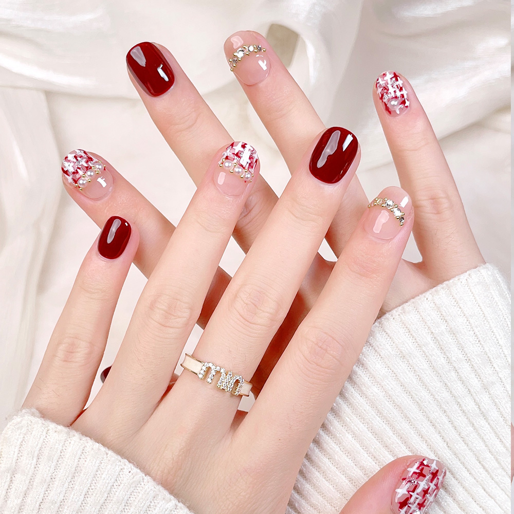 10pcs Short Square Round Handm - огляд і ціна Nail Art Red Wine