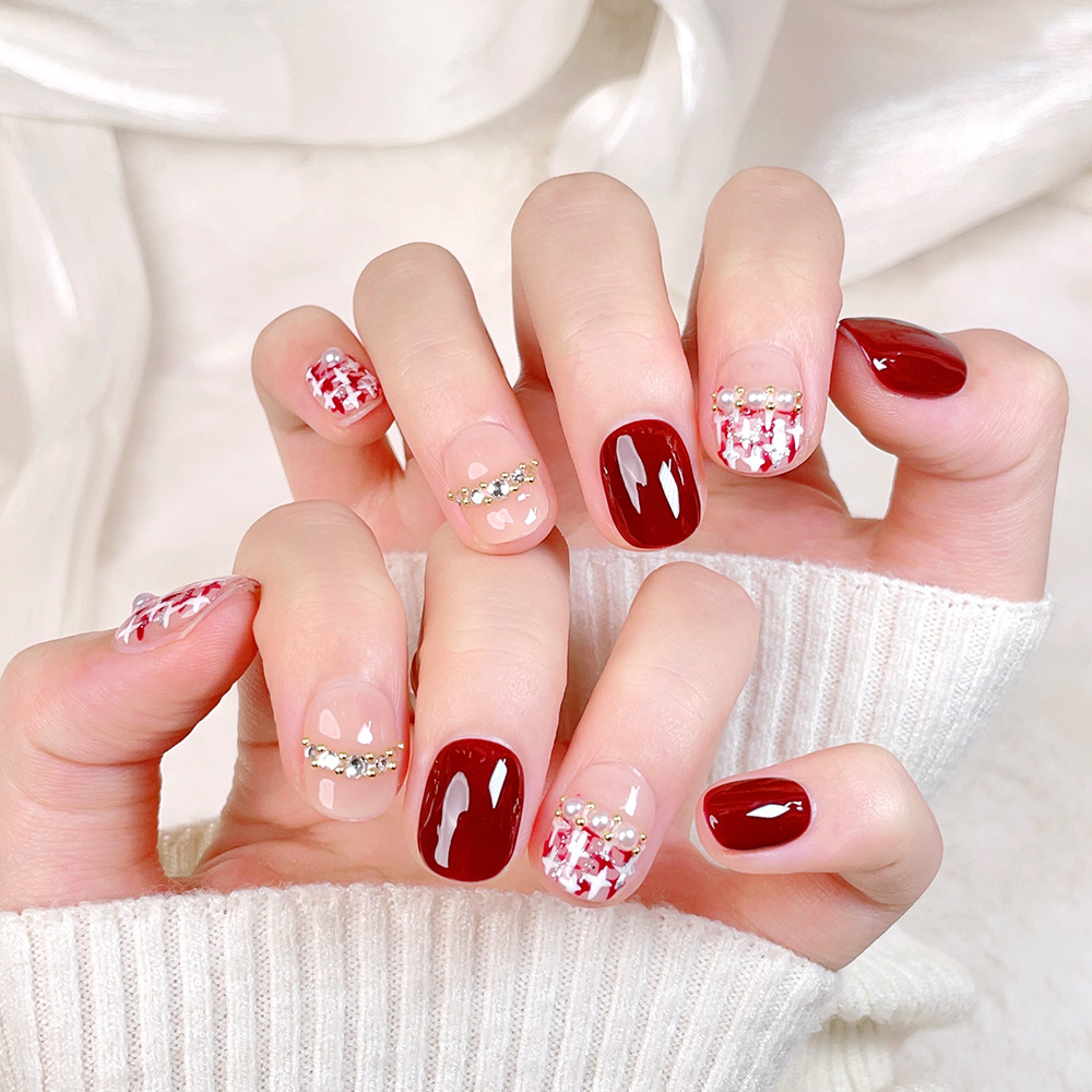 10pcs Short Square Round Handm - огляд і ціна Nail Art Red Wine